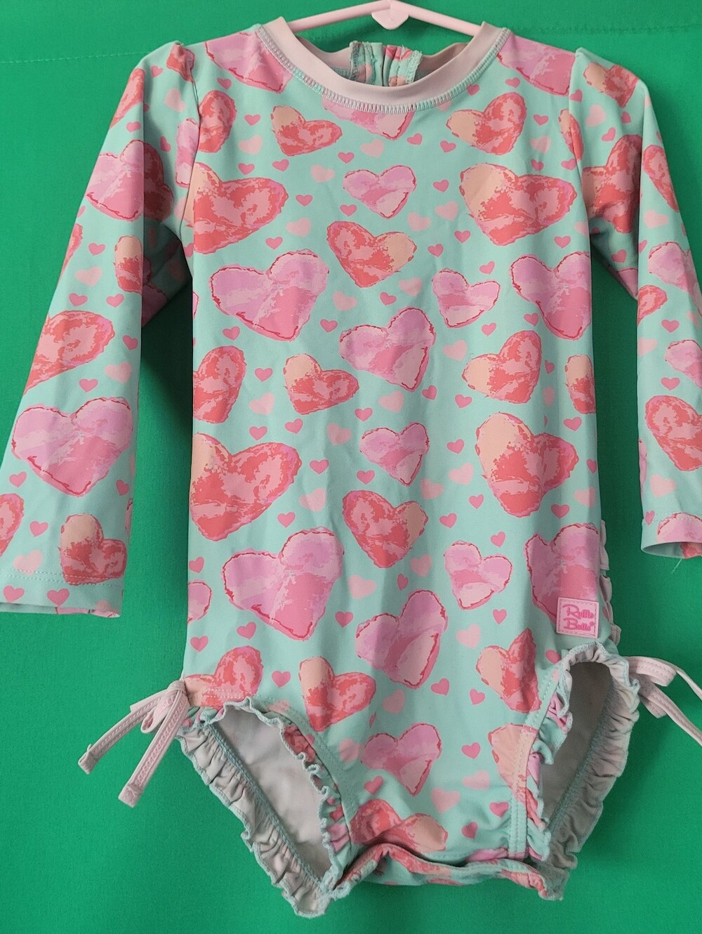 Ruffle Butts Mint One-Piece Swimsuit Pink Hearts 3t Toddler Girl Bathing Suit